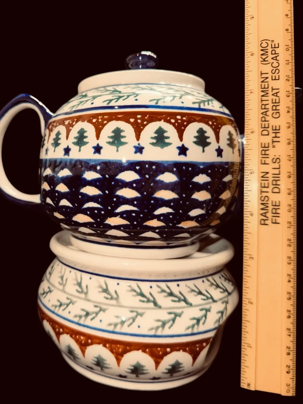 Blue and White Ceramic Teapot with Green and Brown Pattern